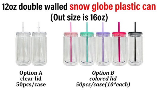 12oz wholesale double walled snow globe plastic can Clear Acrylic Cup with Colored Lids and Straws-25 pack