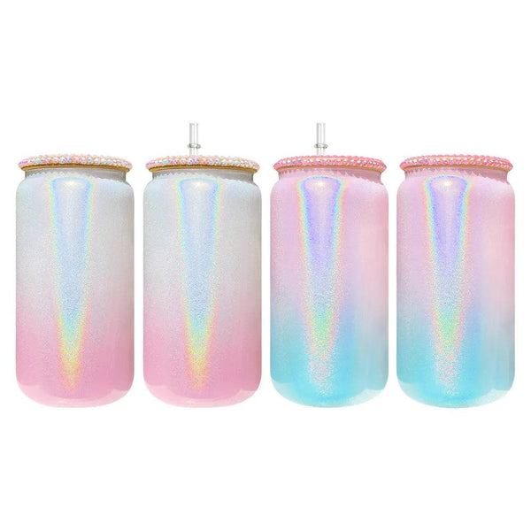 15oz US Warehouse Wholesale Sublimation Shimmer Holographic Tumbler Juice Jar Rainbow Coffee Mugs With Bling Lid-50 pack