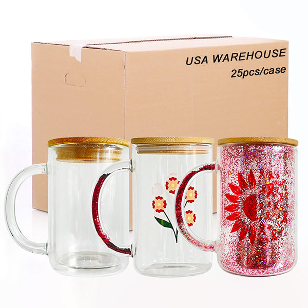 15oz US Warehouse wholesale double walled snow globe glass mugs with hollow handle-25 pack