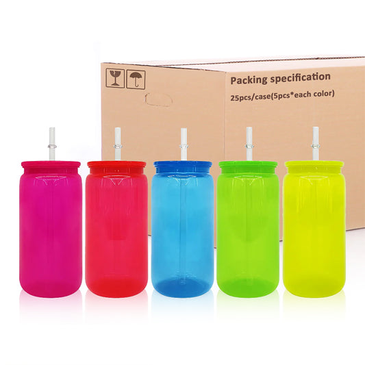 16oz wholesale AS neon colored plastic cans with straw and lid BPA free beer cans-50 pack