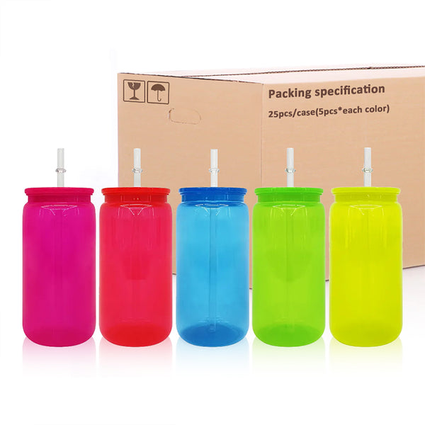 16oz wholesale AS neon colored plastic cans with straw and lid BPA free beer cans-50 pack