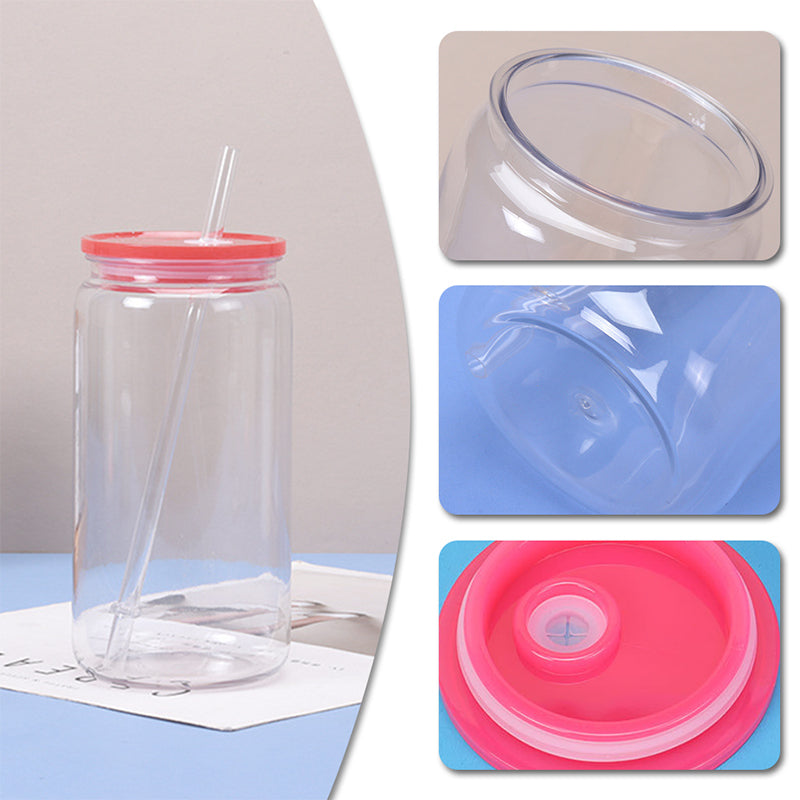 16oz Wholesale Clear Plastic Acrylic Cans With Colored Lids And Reusable Cute Straws-50 pack