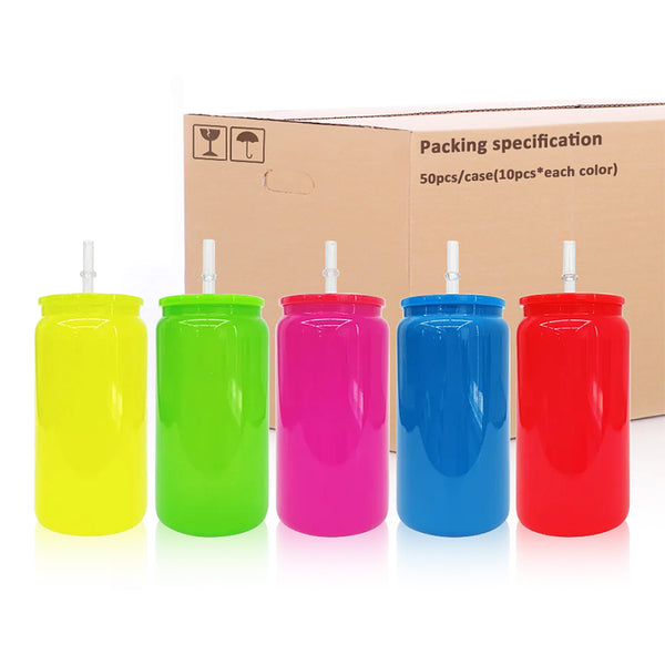 Wholesale 16oz Neon Fluorescent Glass Can Sublimation with Colored Lids-50 pack