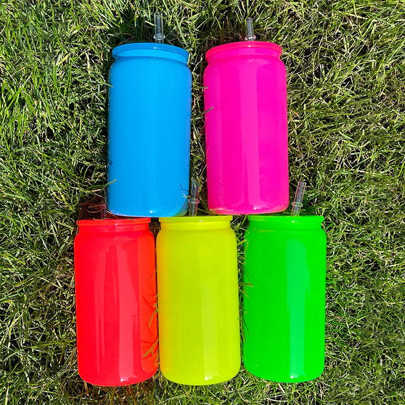 Wholesale 16oz Neon Fluorescent Glass Can Sublimation with Colored Lids-50 pack