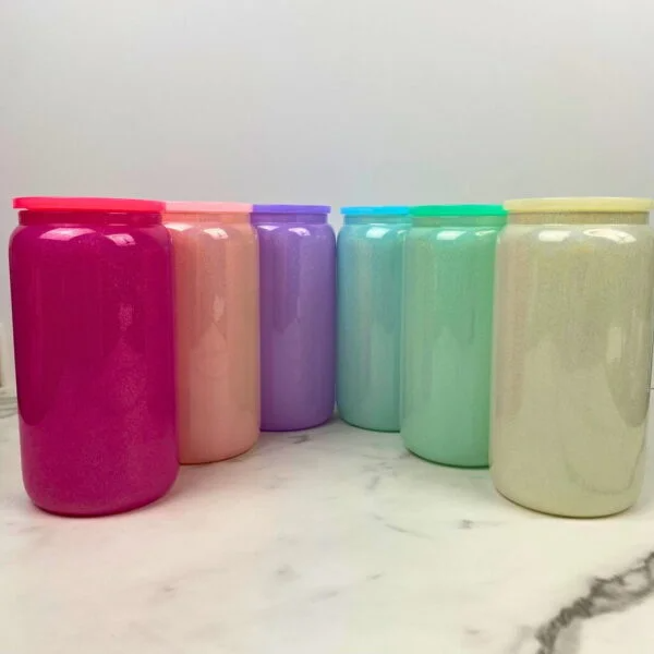 16oz US Warehouse Wholesale Shimmer Glass Beer Soda Glass Can with Colored PP Lids-25 pack