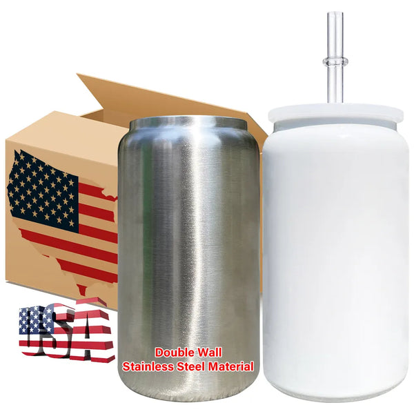 16oz US Warehouse Stainless Steel cups Libby tumbler Sublimation blank Drink Cans with 2 lids-25 pack