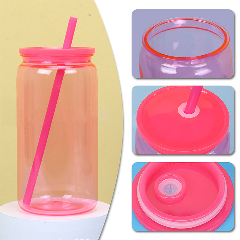 16oz wholesale plastic jelly cans acrylic reusable cute straw tumbler with colorful lids-50 pack