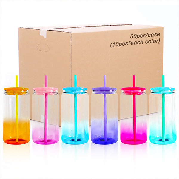 wholesale 16oz sublimation jelly can glasses ombre color change libby tumbler with colored straws PP lids -50 pack