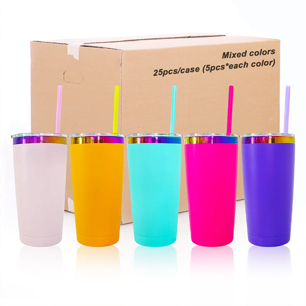 US warehouse wholesale 20oz Powder coated rainbow laser plated tumblers with colorful straws-25pack