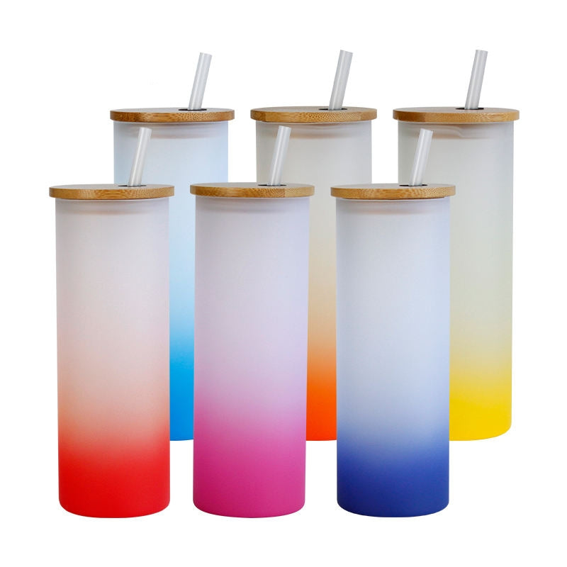 US warehouse wholesale 25oz sublimation ombre gradient frosted tumbler with bamboo lid and straw mixed color case 25 pack