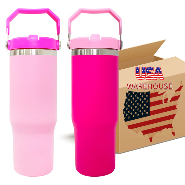 30oz US Warehouse wholesale Women Men Hot Pink Powder Coated Tumbler with Flip Straw and Handle-20 pack