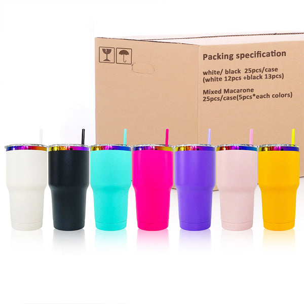 US Warehouse 30oz rainbow plated car tumbler with colored straws -25 pack