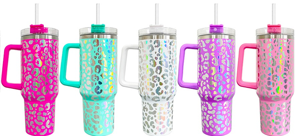 40oz US Warehouse Leopard Engraved Regular Tumbler Holographic Stainless Mugs with Handle-25 pack