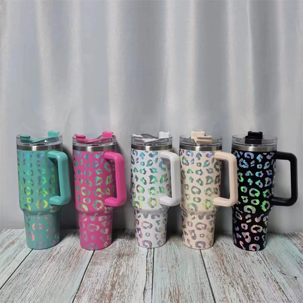 40oz US Warehouse Holographic Leopard Tumbler Regular Cute Gradient Print Coffee Mug Water Bottle Travel Cups with handle-16 pack