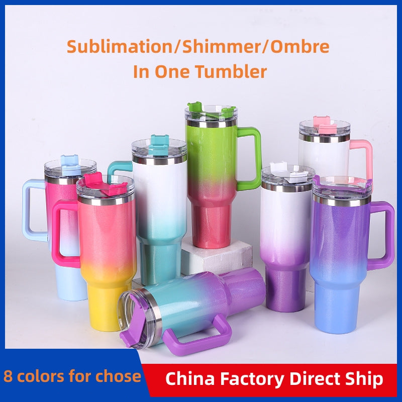 wholesale 40oz sublimation shimmer ombre gradient color change tumbler with mug and straw