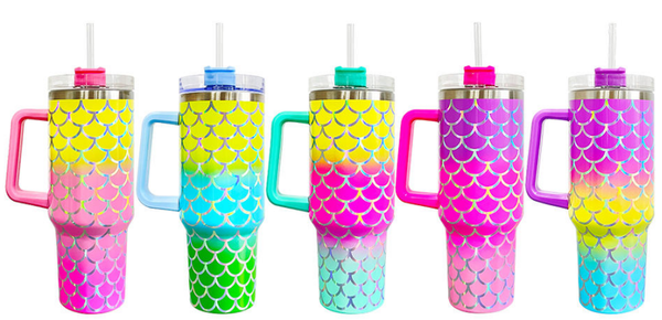 40oz US Warehouse Holographic Print Mermaid Bright Ombre Colors Tumbler with Handle and Straw  -25 pack