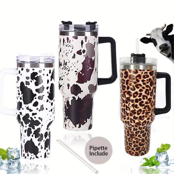 40oz US Warehouse White Cow Leopard Print Thermos Mug Portable Large Capacity 304 Stainless Steel Tumblers with Handle-10 pack