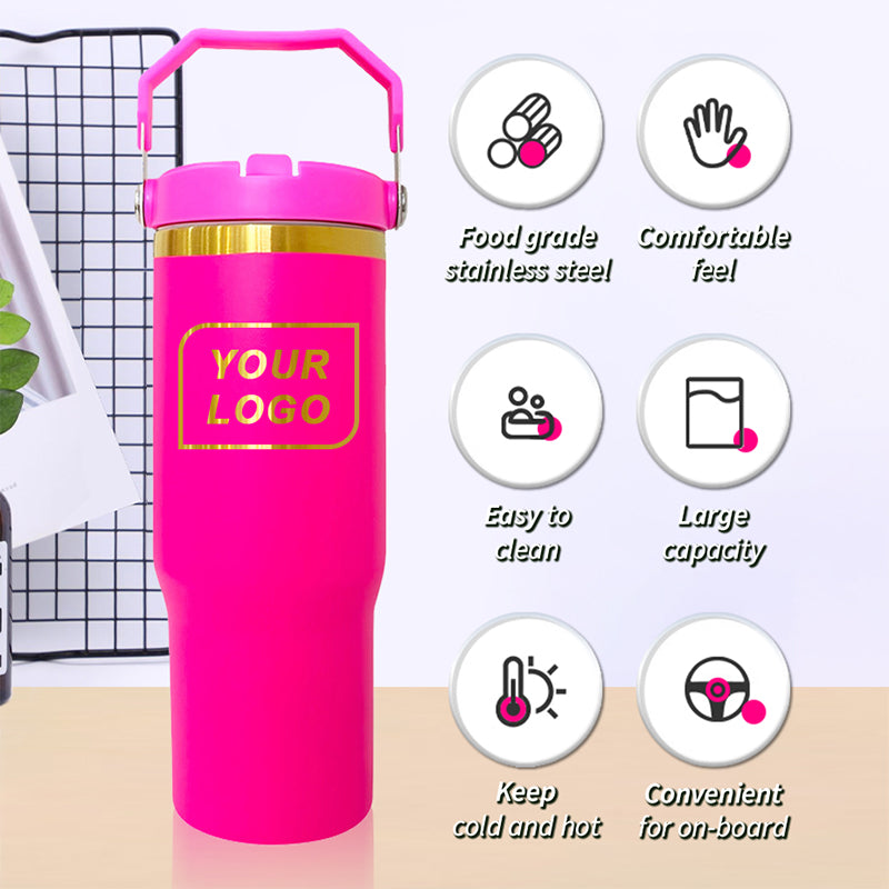 30ozUS Warehouse Wholesale Custom Logo Laser Plated Copper Stainless Steel Powder Coated Tumbler With Handles-25 pack