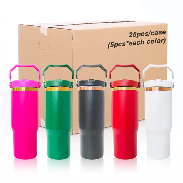 30ozUS Warehouse Wholesale Custom Logo Laser Plated Copper Stainless Steel Powder Coated Tumbler With Handles-25 pack