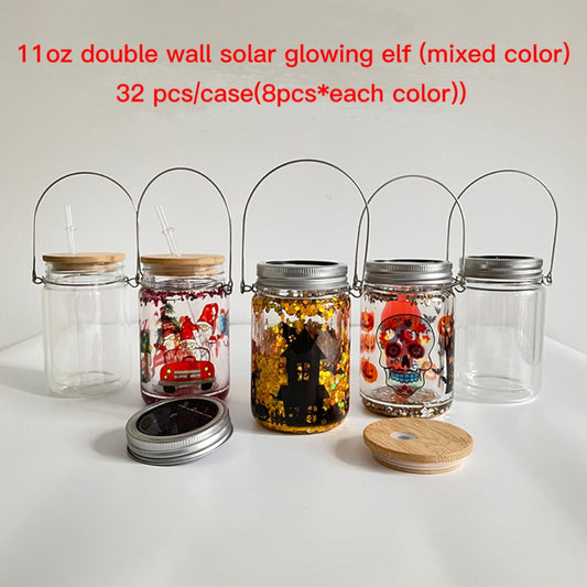 11oz US Warehouse Wholesale double wall snow globe glass solar light mason jar with bamboo lid and straw-32 packs