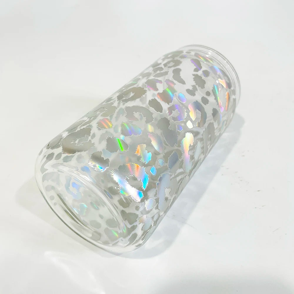 US warehouse 16oz Clear Holographic Leopard Printed Jelly Glass Cans with PP lids- 50 pack