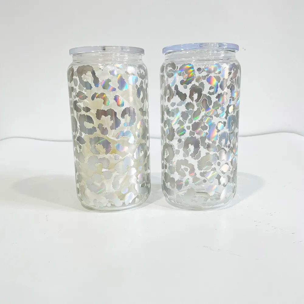 US warehouse 16oz Clear Holographic Leopard Printed Jelly Glass Cans with PP lids- 50 pack