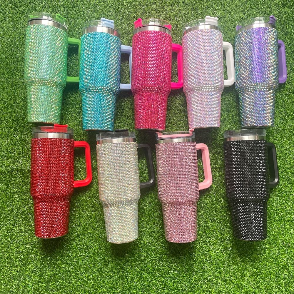Wholesale 40oz Gradient Color Rhinestone Bling Shiny Vacuum Car Tumbler with Lid and Straw 12 pack