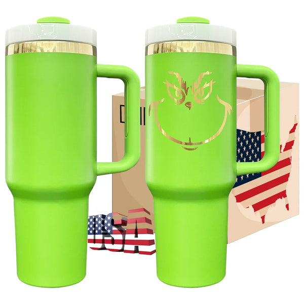 40oz wholesale Christmas Grinch Reusable Vacuum Quencher Tumbler Stainless Steel Insulated Cup With Handle and straw-20 pack