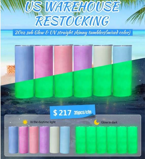 wholesale US warehouse 20oz sublimation UV color change and glow in the dark tumbler double walled stainless steel with lid and straws